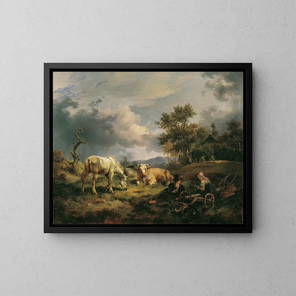 Giovane coppia di contadini che si riposa nel campo - Friedrich August Matthias Gauermann — quadro incorniciato alla parete
