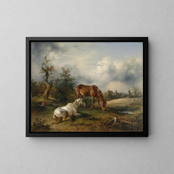 Cavallo e volpe nel prato - Friedrich August Matthias Gauermann — quadro incorniciato alla parete