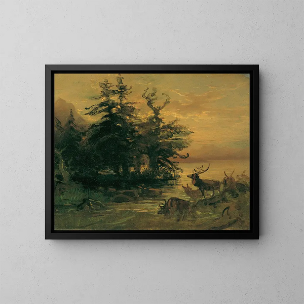 Cervi che si riposano ai margini di un lago di montagna - Friedrich August Matthias Gauermann — quadro incorniciato alla parete