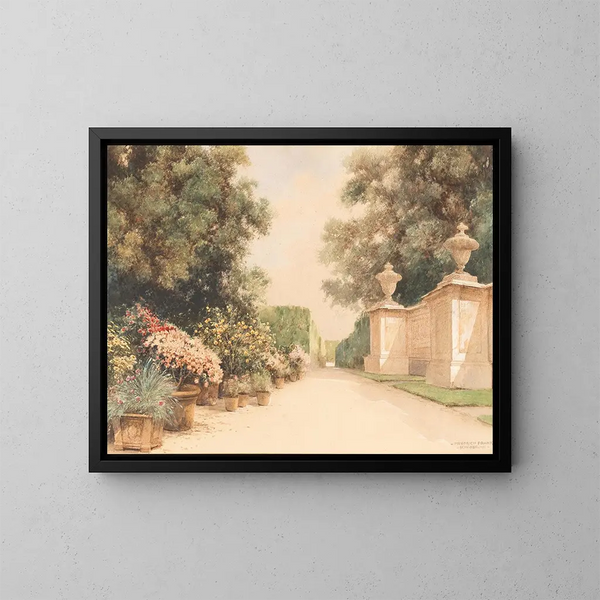 Eine Allee im Großen Parterre mit Blumenkübeln und einem Teil einer Mauer im Schönbrunn-Park - Friedrich Frank — gerahmtes Bild an der Wand