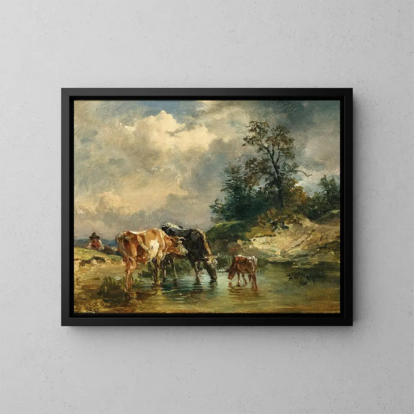 Kühe in der Nähe einer Tränke - Friedrich Gauermann — gerahmtes Bild an der Wand