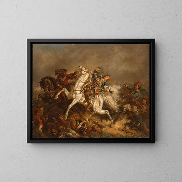 Der König Gustav II. Adolf von Schweden in der Schlacht bei Lützen - Friedrich Kaiser — gerahmtes Bild an der Wand