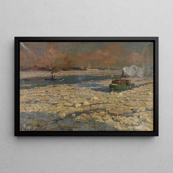 Friedrich Kallmorgen - Grner Fhrdampfer im Eis auf der Elbe Wintersonne.webp