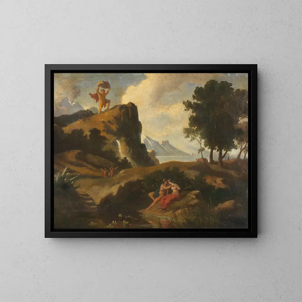 Das Gemälde Der Zyklop Polyphème eifersüchtig tötet Akis, den Geliebten der Nymphe Galathea, mit einem Felsen - Friedrich Preller der Jüngere — gerahmtes Bild an der Wand