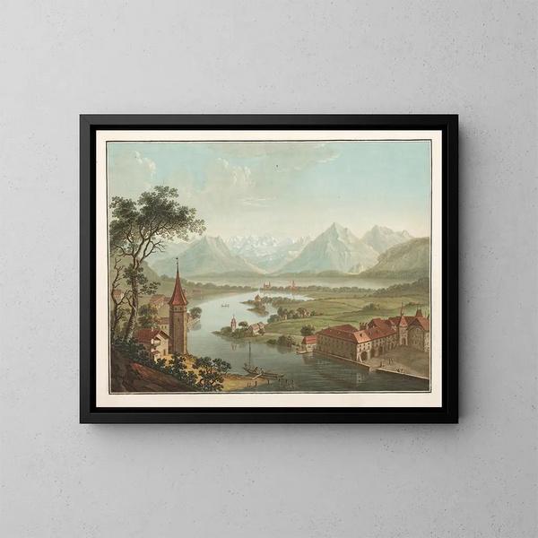 See und Stadt Thun mit der Aare, Vogelperspektive von der Terrasse der Burg - Friedrich Rosenberg — gerahmtes Bild an der Wand