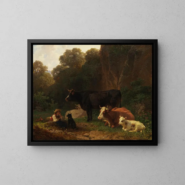 Junger Hirte mit einem Khen gegen die Felswand - Friedrich Voltz — gerahmtes Bild an der Wand