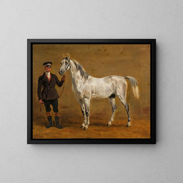 Graues Pferd mit Kavallerieoffizier - Friedrich Voltz — gerahmtes Bild an der Wand