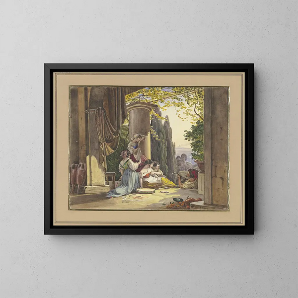 Terrasse italienne con ragazza e suonatore di liuto - Friedrich von Nerly — quadro incorniciato alla parete