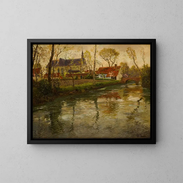 Ein Flusslandschaft mit einer Kirche im Hintergrund - Frits Thaulow — gerahmtes Bild an der Wand