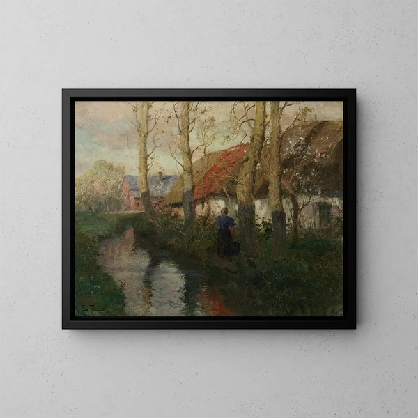 Eine Flusslandschaft in der Normandie mit einer Frau, die Wasser trägt - Frits Thaulow — gerahmtes Bild an der Wand