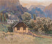 Una piccola chiesa e un riparo tra le montagne di Gesäuse a Johnsbach - Fritz Lach — vista dell’opera