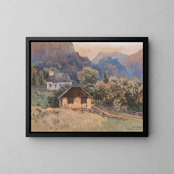 Una piccola chiesa e un riparo tra le montagne di Gesäuse a Johnsbach - Fritz Lach — quadro incorniciato alla parete