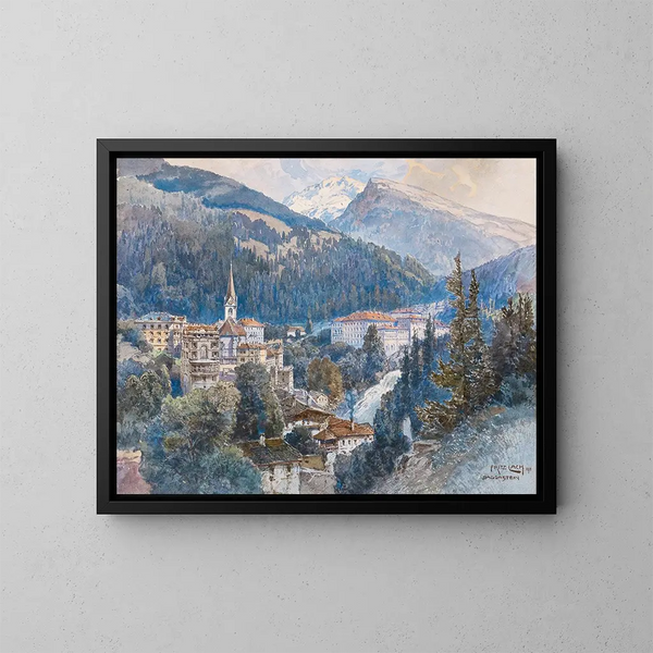 Vista di Bad Gastein e della cascata - Fritz Lach — quadro incorniciato alla parete
