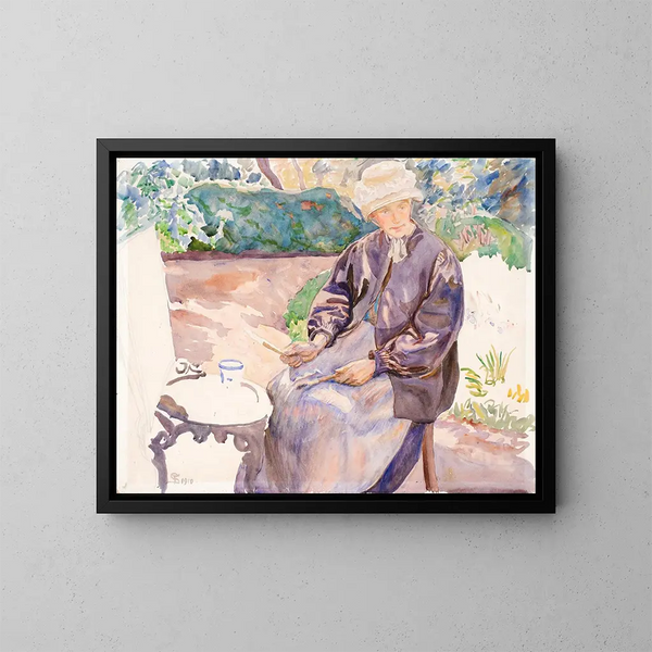 Die Frau des Künstlers, die Malerin Anna Syberg im Schmiedegarten - Fritz Syberg — gerahmtes Bild an der Wand