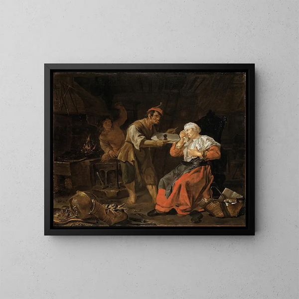 Vecchia donna su una sedia a dondolo - Gabriel Metsu — quadro incorniciato alla parete