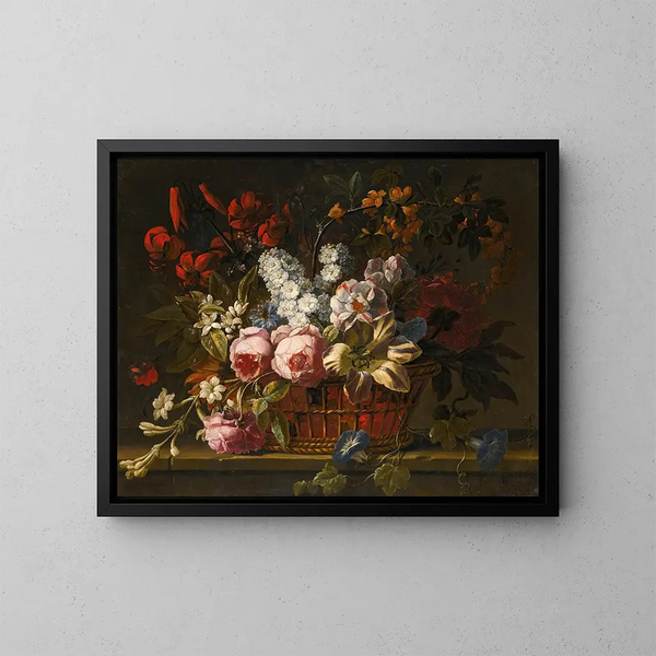 Stillleben mit Rosen, Tulpen, Hyazinthen, Jasmin und anderen Blumen, frei in einem Weidenkorb auf einer Steinkante arrangiert - Gaspar Peeter Verbruggen der Ältere — gerahmtes Bild an der Wand