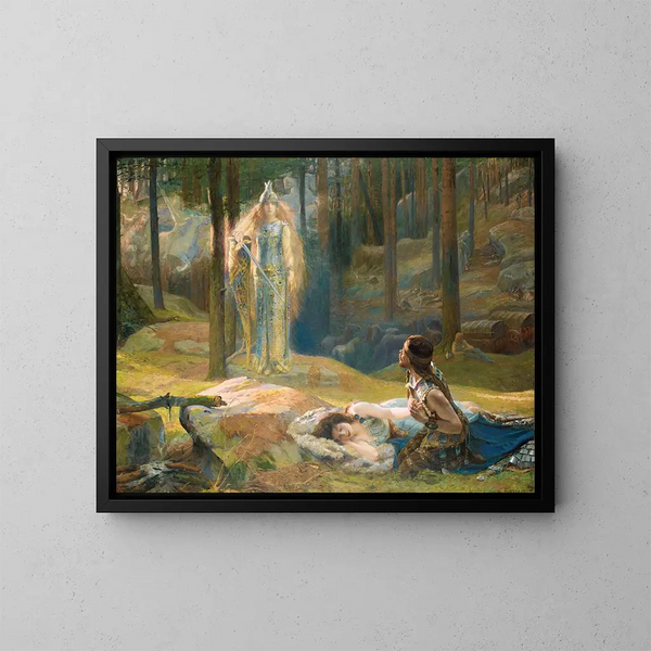 Die Offenbarung der Brünnhilde, die Sieglinde und Siegmund entdeckt - Gaston Bussière — gerahmtes Bild an der Wand