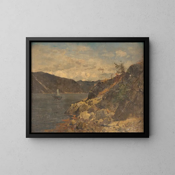 Boot in einem felsigen Fjord - Georg Anton Rasmussen — gerahmtes Bild an der Wand
