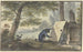 Landscape painting of a painter under a tree near two fragments of columns - Georg Karl Urlaub — artwork view