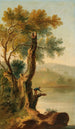 Landscape painting with a man fishing - George Barret — artwork view