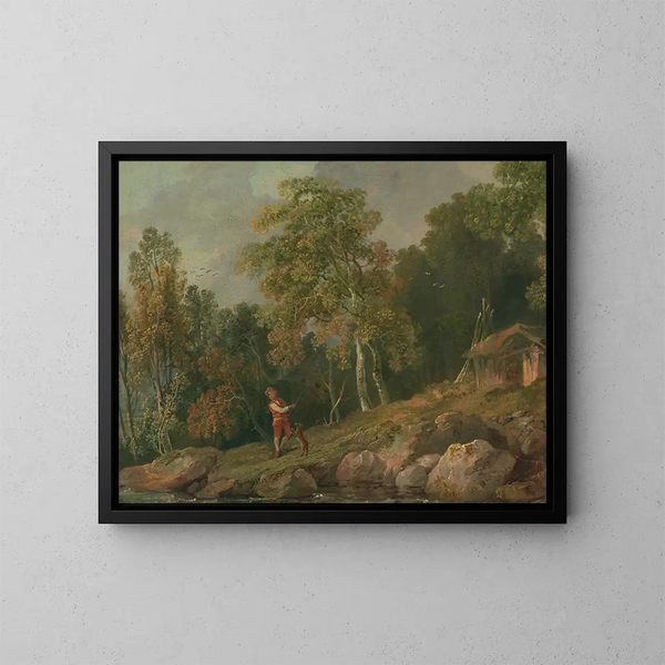Landschaft mit Bäumen, einem Jungen und seinem Hund - George Barret — gerahmtes Bild an der Wand