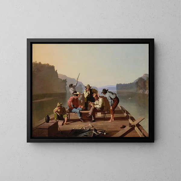 Des Floßfahrern beim Kartenspielen - George Caleb Bingham — gerahmtes Bild an der Wand