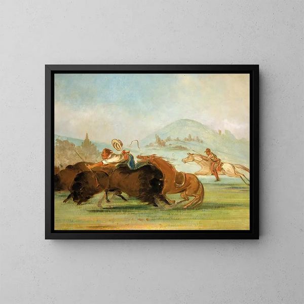 Baptiste und ich laufen dem Maul des Büffels im Yellowstone nach - George Catlin — gerahmtes Bild an der Wand