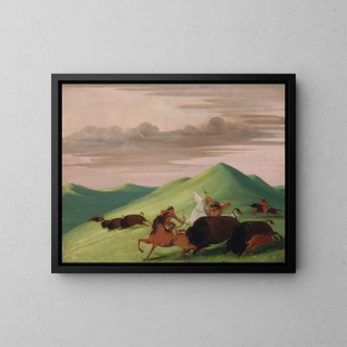 George Catlin - Buffalo Chase Bull Protecting a Cow And Calf.webp