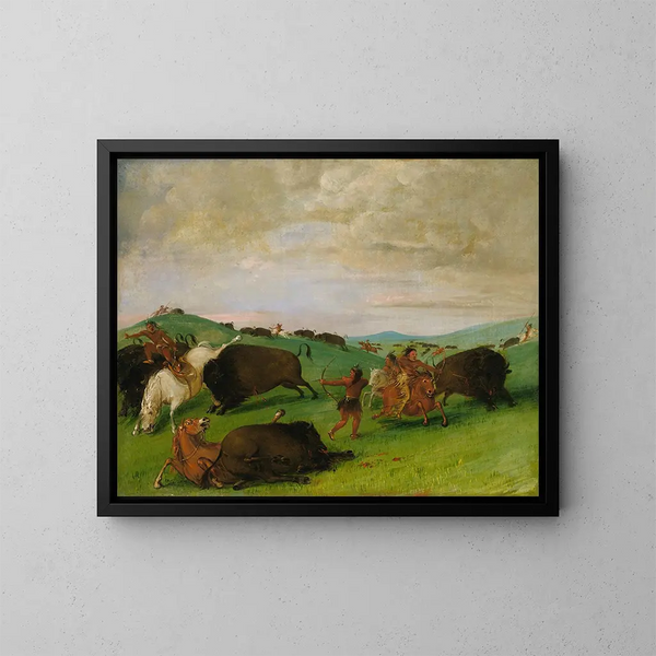 Die Büffeljagd: die Stiere im Kampf mit Menschen und Pferden - George Catlin — gerahmtes Bild an der Wand