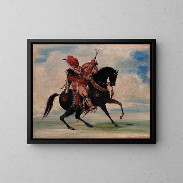 Der aufmerksame Anführer der Füchse des Stammes auf dem Pferd - George Catlin — gerahmtes Bild an der Wand