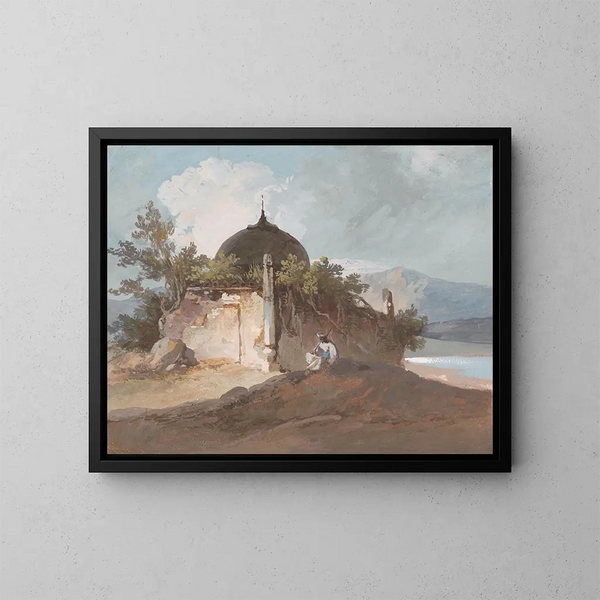 Figur sitzend bei einem indischen Tempel - George Chinnery — gerahmtes Bild an der Wand