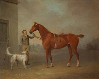 George Haigh - Mr Yarburghs Chestnut Hunter Robin Hood Held By A Groom With A Dog In A Landscap.webp