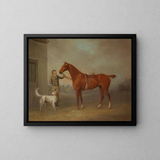 George Haigh - Mr Yarburghs Chestnut Hunter Robin Hood Held By A Groom With A Dog In A Landscap.webp
