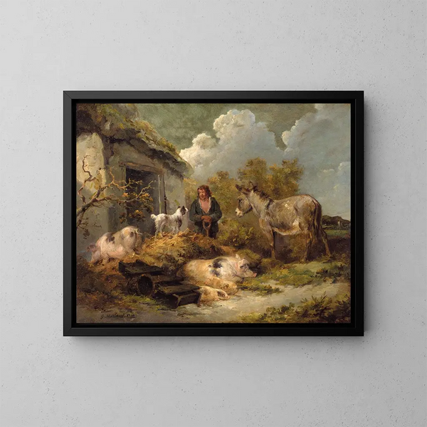 Un ragazzo di fattoria con un asino, dei maiali e un cane da pastore - George Morland — quadro incorniciato alla parete