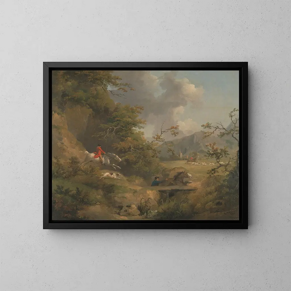 Jagd im hügeligen Land - George Morland — gerahmtes Bild an der Wand