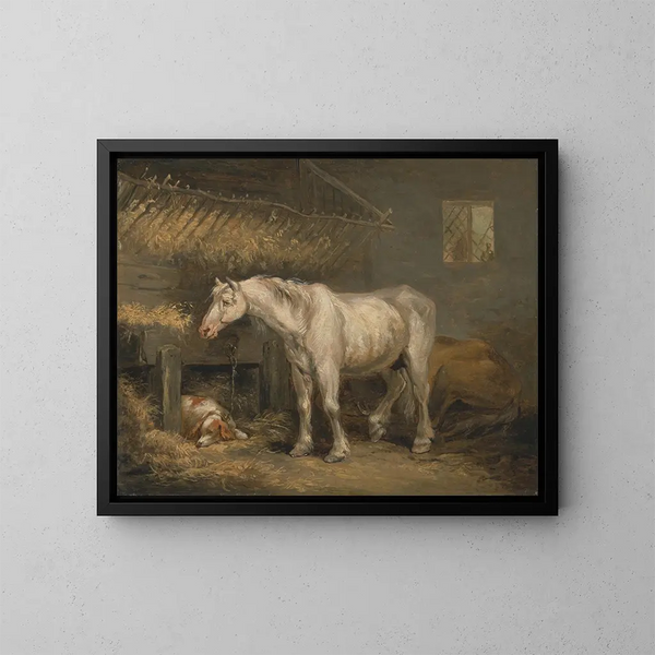 Cavalli vecchi con un cane in una stalla - George Morland — quadro incorniciato alla parete