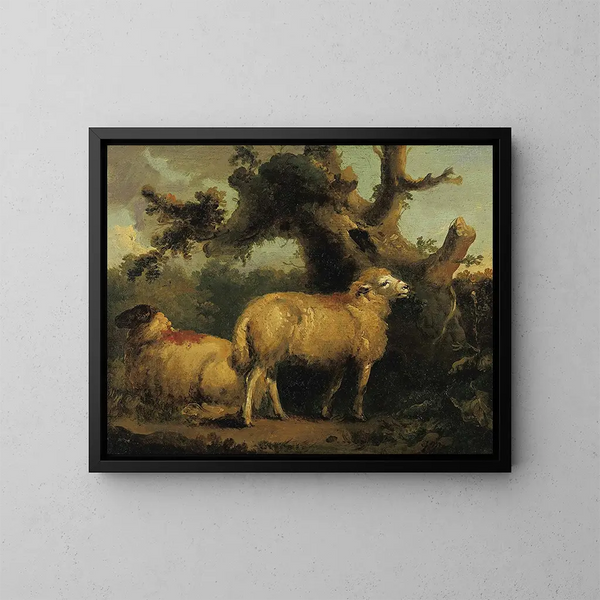 Zwei Schafe in einer Landschaft - George Morland — gerahmtes Bild an der Wand