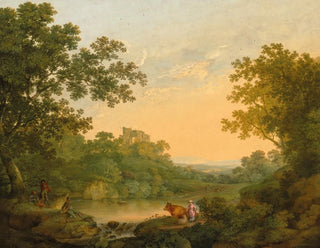 George Smith - A wooded landscape with fishermen and shepherds by a pond a ruined castle beyond.webp
