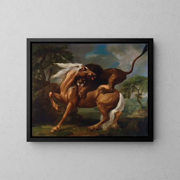 Ein Löwe, der ein Pferd angreift - George Stubbs — gerahmtes Bild an der Wand