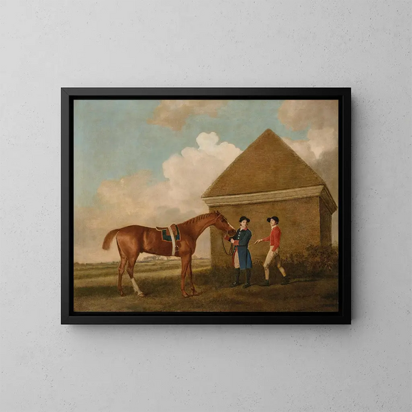 Eclipse in Newmarket mit einem Pferdepfleger und einem Jockey - George Stubbs — gerahmtes Bild an der Wand