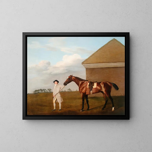 Queue de feu avec son entraîneur à la maison de toilettage de Newmarket Heath - George Stubbs — gerahmtes Bild an der Wand
