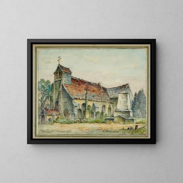 Ansicht der Kirche und des Friedhofs von Saint-Laurent, wo die Überreste der Nonnen und Einsiedler von Port-Royal beigesetzt wurden - Georges-Henri Manesse — gerahmtes Bild an der Wand