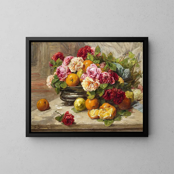 Naturstillleben mit Rosen und Früchten - Georges Jeannin — gerahmtes Bild an der Wand