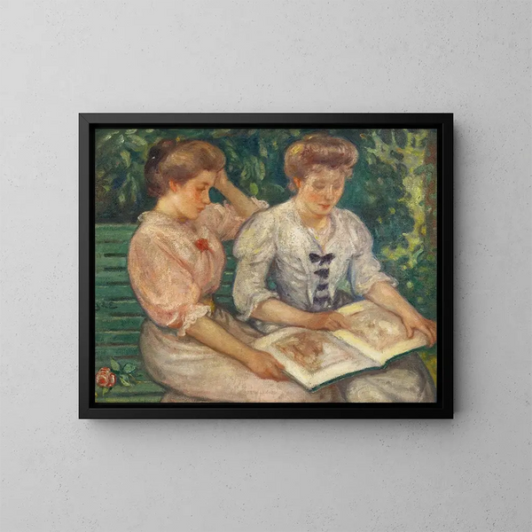 Blanche Viau e Alice Viau, due giovani ragazze che leggono su una panchina - Georges d'Espagnat — quadro incorniciato alla parete