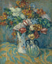 Bouquet of Flowers – Georges d’Espagnat — colorful bouquet in two vases on a flowing patterned cloth