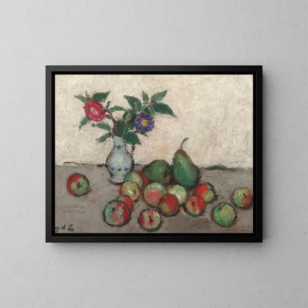 Natura morta con fiori in un vaso blu e bianco, mele e pere su un tavolo - Georges d'Espagnat — quadro incorniciato alla parete