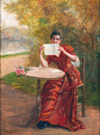 Georges van den Bos - A Girl Reading a Letter in a Park Landscape.webp