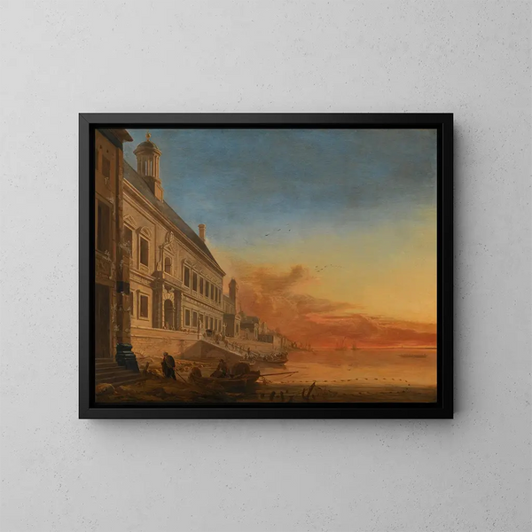 Un caprice architettonico costiero al tramonto - Gerard Houckgeest — quadro incorniciato alla parete