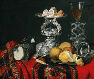 German School - A still life with a Venetian glass a silver vessel and lemons.webp