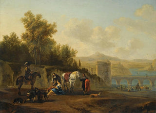 Gerrit Adriaensz Berckheyde - An Extensive Italianate River Landscape With Travellers Resting On A Path.webp